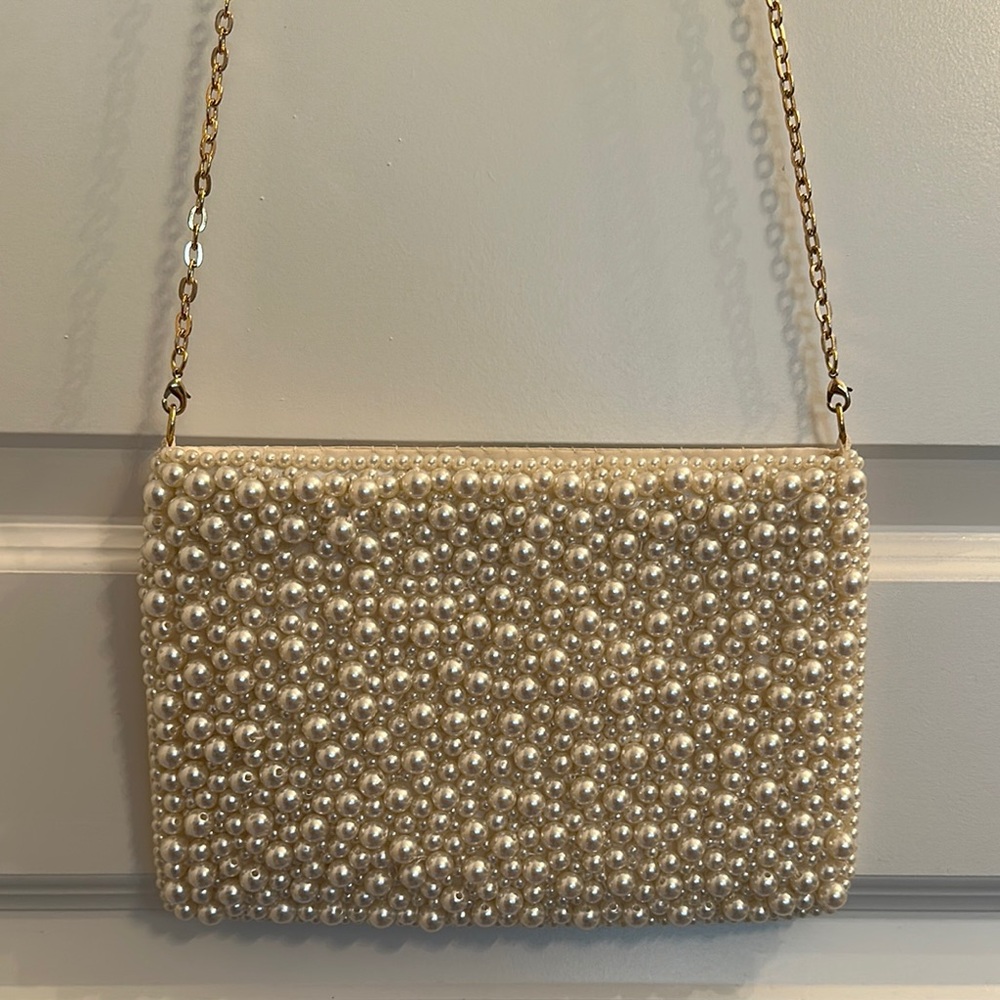 Elegant Pearl-Embellished Cream Clutch